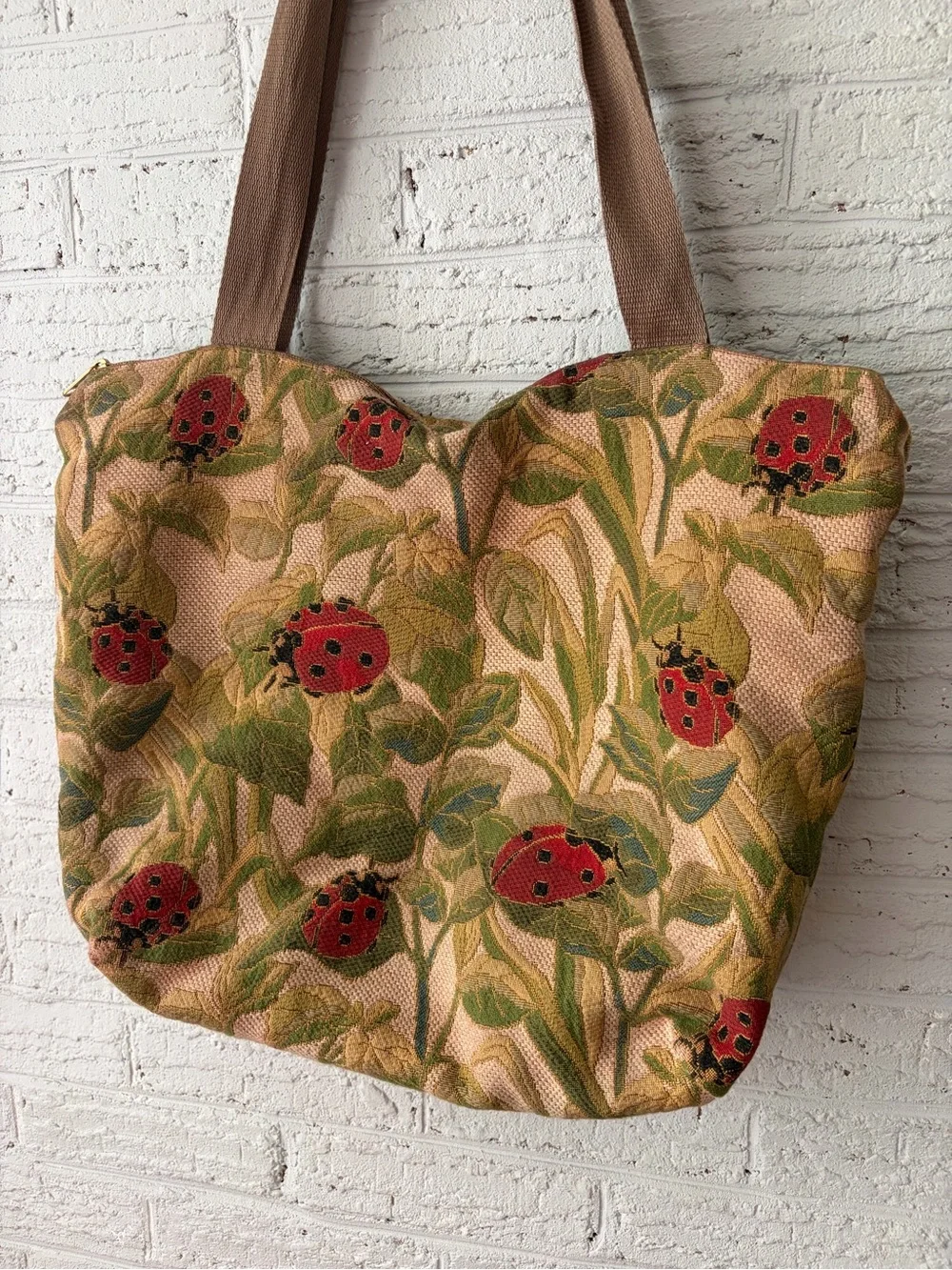 Ladybug Print Shoulder Tote Bag in Brown and Red
